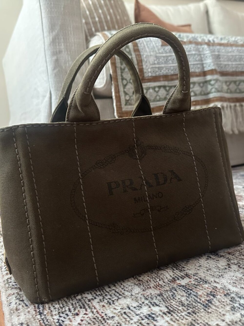 Prada Canapa Canvas Tote Bag – Military Green | Authentic Designer Handbag - Picture 2 of 8